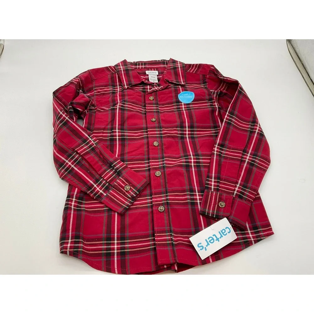 Carters Button Down Shirt Boys 6 Green Red Plaid 2 Pack Holiday School Classic